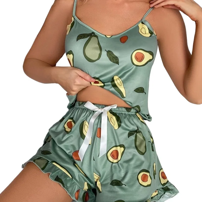 Women\'s Pajamas Two-piece Set of Sleeveless Tops and Shorts Avocado Pattern Home Wear Casual