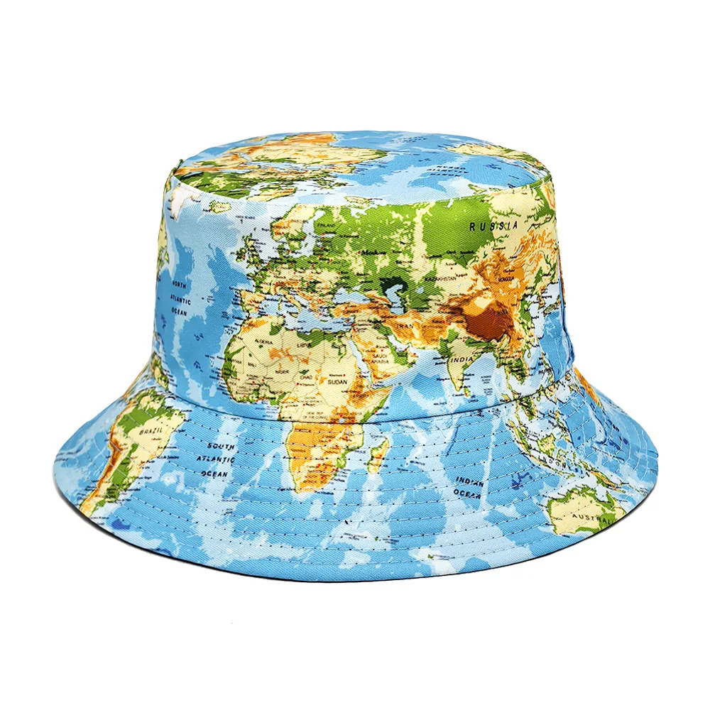 Reversible World Map Bucket Hat Men Women Double Sided Fisherman Cap Summer UV Protection Wide Brim Beach Outdoor Sun Hat