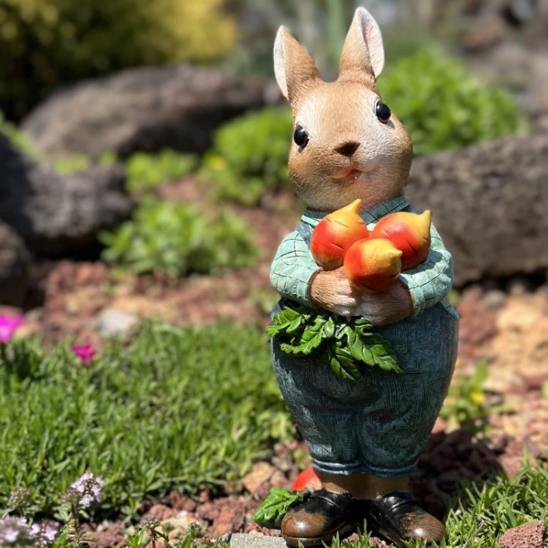 

Little Rabbit Pulling Carrots Resin Ornament Garden Courtyard Sculpture Statue Kindergarten Bunny Decoration Rain Sun Protection