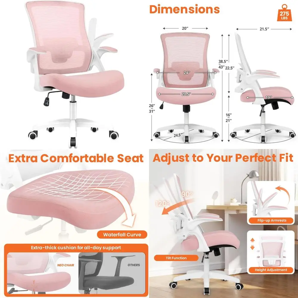 

Эргономичное игровое кресло с высокой спинкой из сетки, регулируемыми подлокотниками, поясничной поддержкой и откидными подлокотниками для комфортного домашнего использования (розовое)