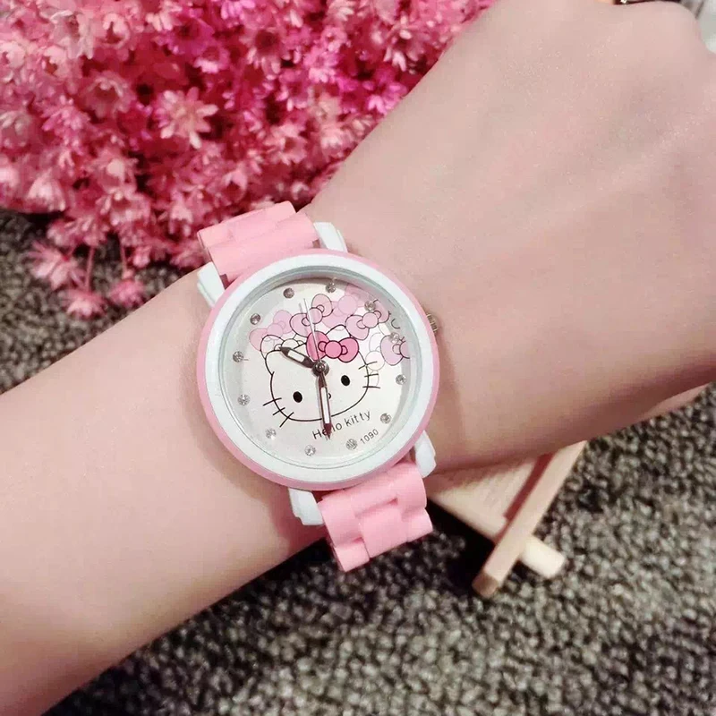 Miniso jam tangan kartun Anime Sanrio Hello Kitty Quartz bulat kedap air jam tangan pelajar anak perempuan cantik jam tangan gesper hadiah ulang tahun