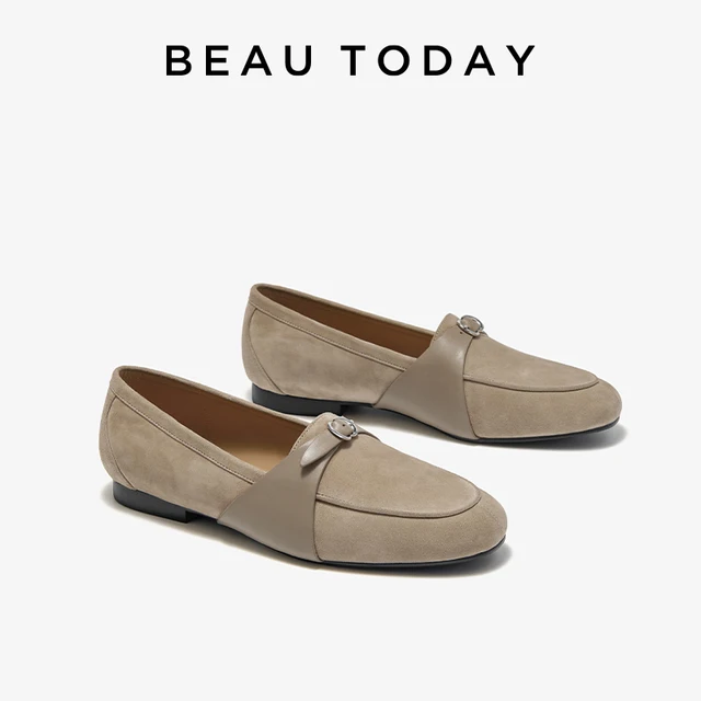 BEAUTODAY Damskie płaskie mokasyny z zamszu, łączone skórzane buty z ozdobną klamrą, retro, modne buty codzienne, ręcznie robione, model 27307