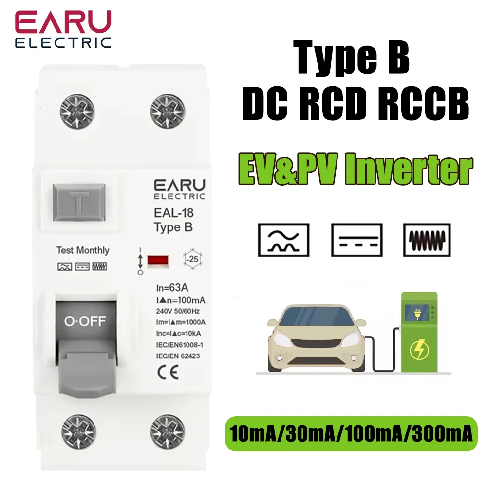 2P Type B RCCB RCD 10/30/100/300mA DC 6KA Electric Vehicle EV Charging Pile Residual Current Breaker Din Rail Earth Leakage