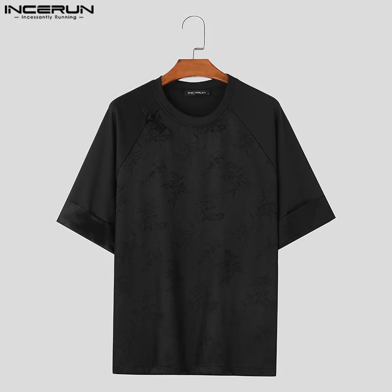 INCERUN Tops 2024 Korean Style Men Satin Jacquard Splicing T-shirts Casual Streetwear O-neck Buckle Short Sleeved Camiseta S-5XL