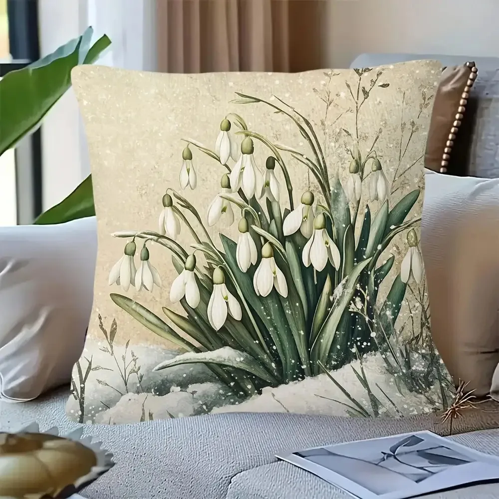 1pc Vintage Snowdrop Flower Pillow Cover, Polyester 2D Double-Sided Print, Winter Snow Flower Botanical Art, Cottagecore Home De