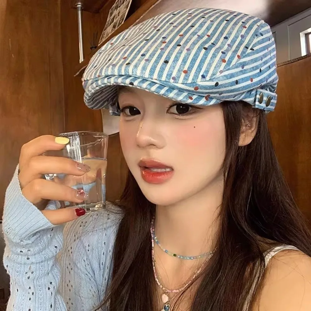 

Japanese Korean Polka Dot Beret Vintage Versatile Stripped Berets Cloth Y2k Painter Cap Women