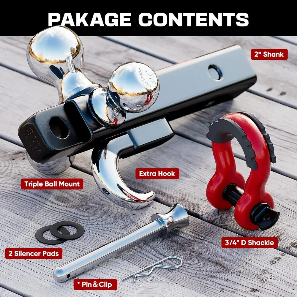 Montagem de engate de reboque de três bolas para serviço pesado com gancho, pino e manilha de reboque rotativa para receptor de 2 polegadas