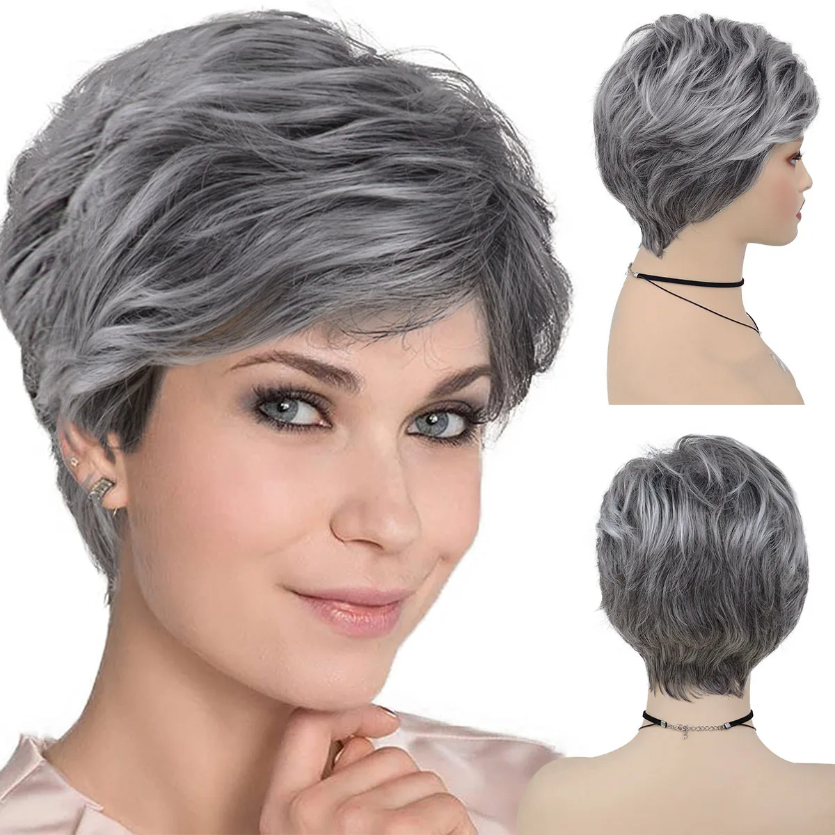 

GNIMEGIL Synthetic Natural Mommy Wig with Bangs Grey Short Wigs for Women Older Lady Hairstyle Halloween Costume Wigs for Mother