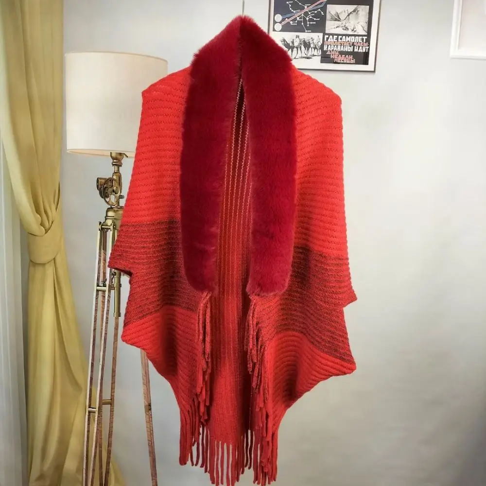 

Womens Cardigan Cape Cloak Faux Fur Collar Knitting Shawl Wraps Winter Warm