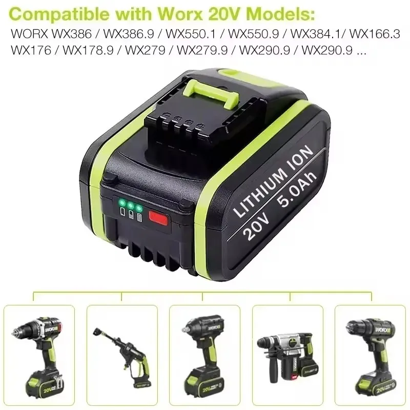 

100% New 20V 5000mAh Rechargeable Lithium Battery Replacement Worx Power Tool Battery for WA3551 WA3553 WX390 WX176 WX386 WX678