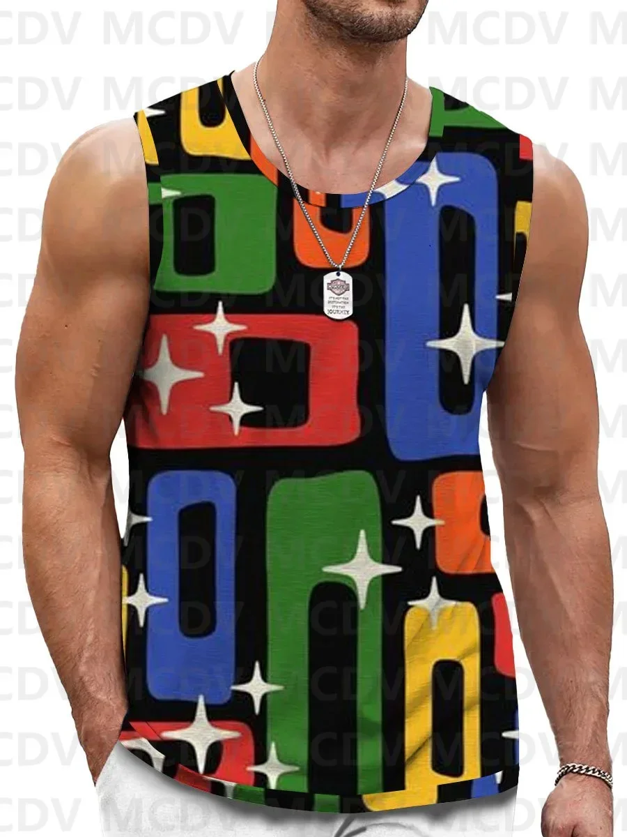 

Colorful Houndstooth Print Casual Round Neck Tank Top 3D Printed Tank Tops Men Summer Tops