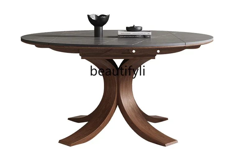 

Telescopic rock slab dining table round light luxury modern simple dual-purpose rotating folding solid wood dining table53