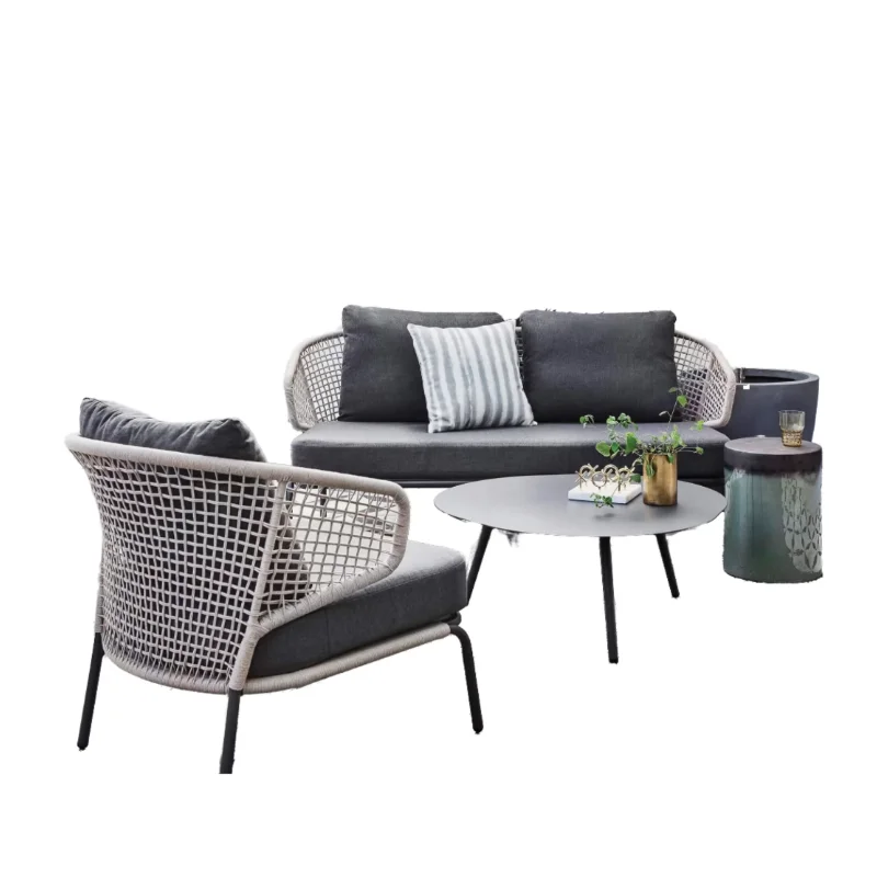 Hand Woven Rope Modern Outdoor Sofa Set Washable Cushion Metal Tabletop Hotel Furniture for Poolside Balcony Dark Grey