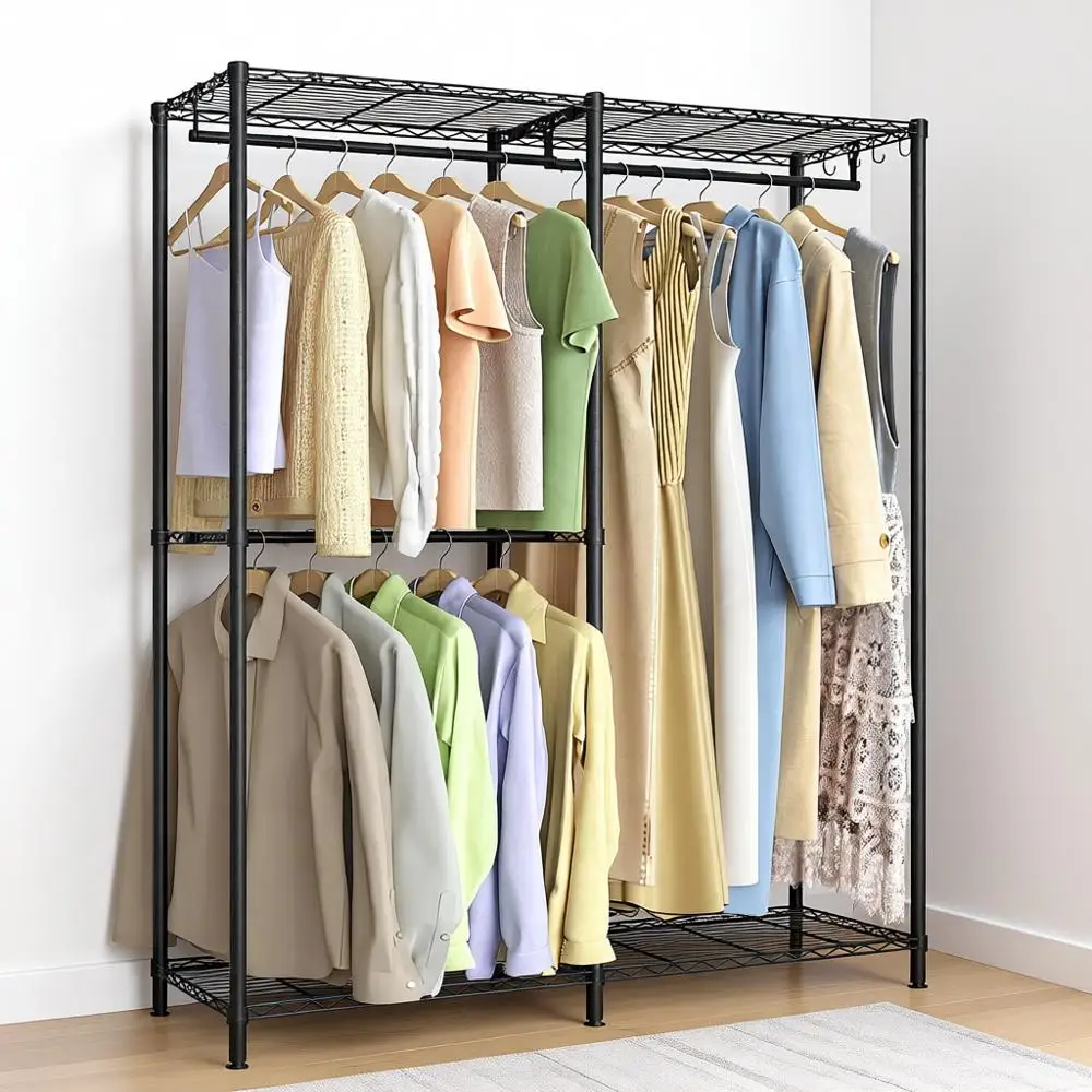 Clothes Rack, Restanding Wardrobe Closet, Metal Clothing Racks, Heavy-Duty Garment Rack with Adjustable Shelves, Hanging Rods, D