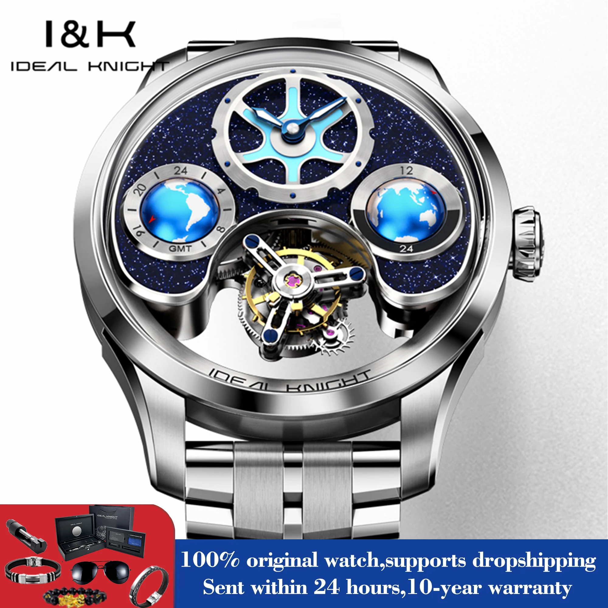 IDEAL KNIGHT Man Watch Blue Earth Dial Tourbillon Mechanical Watches Deep Waterproof Men's Automatic Wristwatch Top Brand Luxury