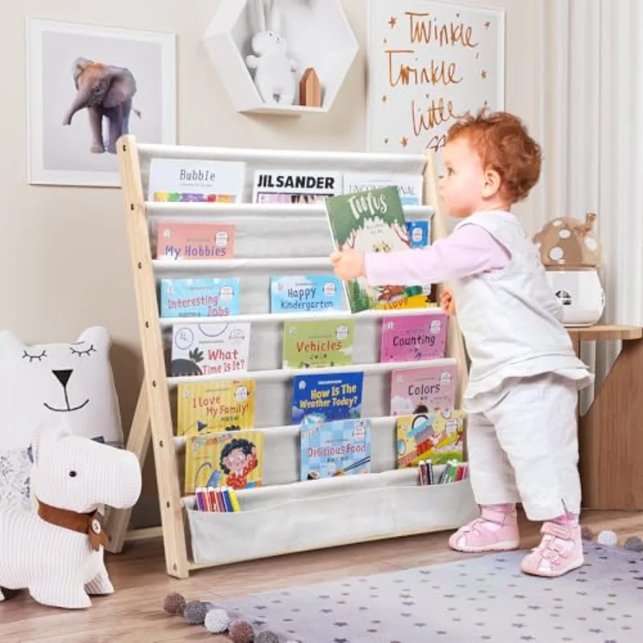 Wooden Bookshelf for 6 Tier Bookcase Storage Display Rack with Fabric Storage Pockets Easy Access Magazine Rack for 's Bedroom