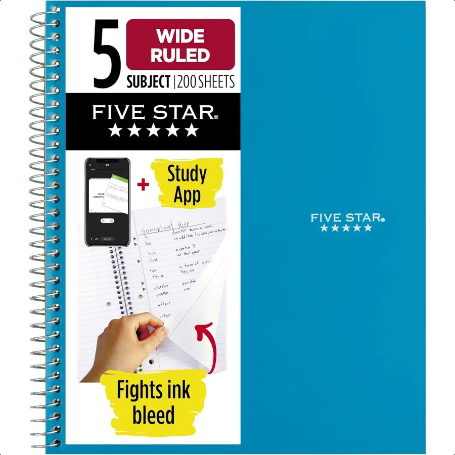 Spiral Notebook + Study App 5 Subject Wide Ruled Paper 8 x 101 2 200 Sheets Fights Ink Bleed Water Resistant Cover Tidewater Bl