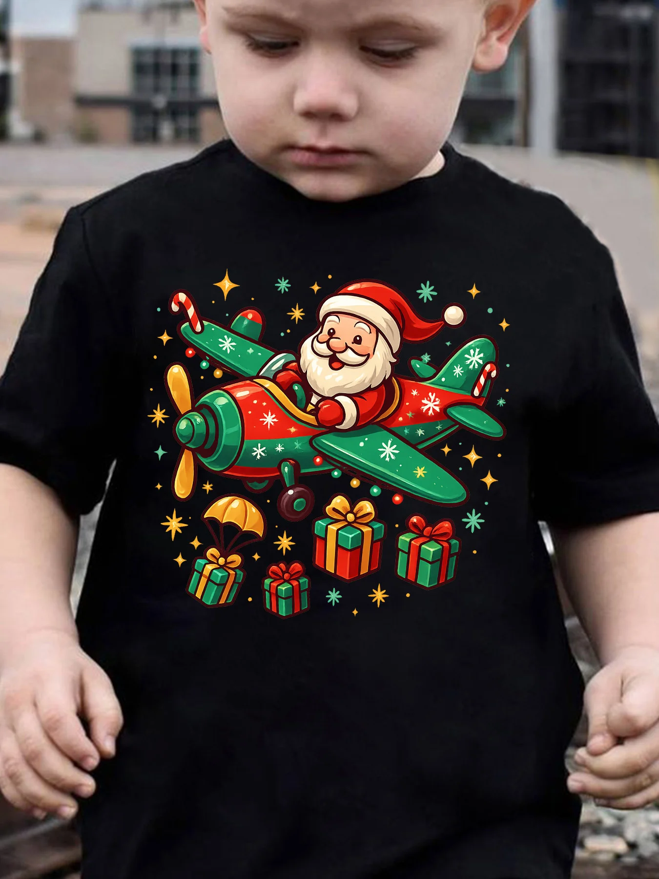 Kids Boys Girls Family Matching T Shirt Santa Airplane Christmas Gift Snowflake Graphic Print Short Sleeve Crew Neck Tee Tops