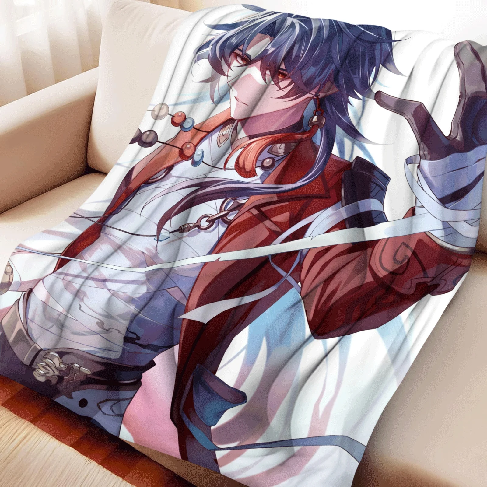 Anime Flannel Throw Blanket Blade Print Dark Blue Hair Male Character Warm Sofa Bed Blanket Fan Gift