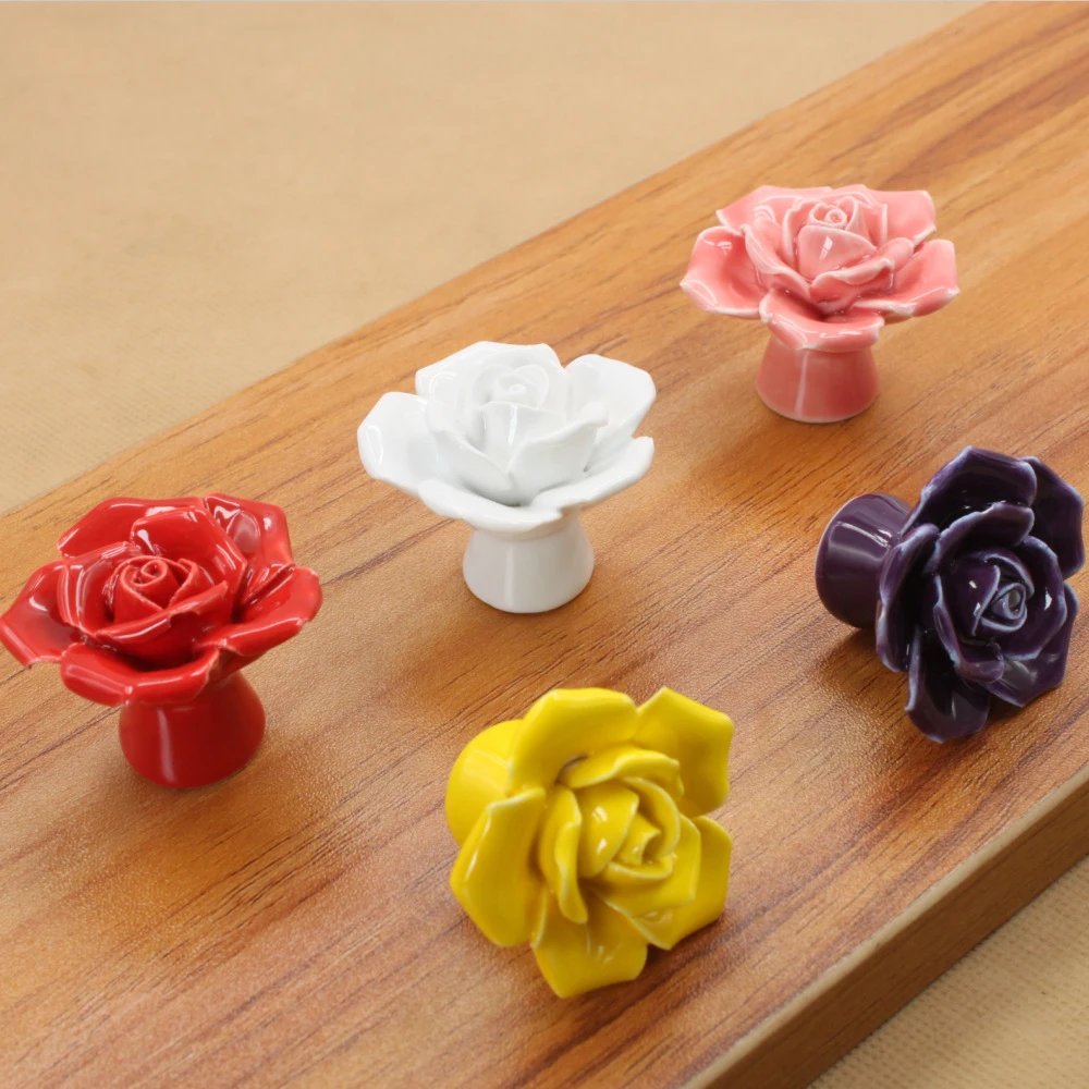 Rose Flower Ceramic Handle Cabinet Wardrobe Handle Cartoon European Modern Simple Color Shoe Cabinet Wine Cabinet Handle