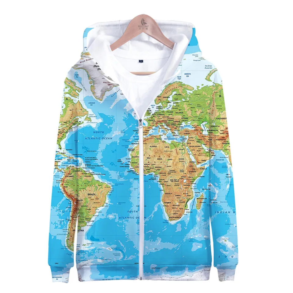 Sudadera con capucha con estampado 3d de World Atlas para hombre y mujer, ropa deportiva de moda Hip Hop con cremallera, chaquetas de manga larga con capucha Harajuku, Tops