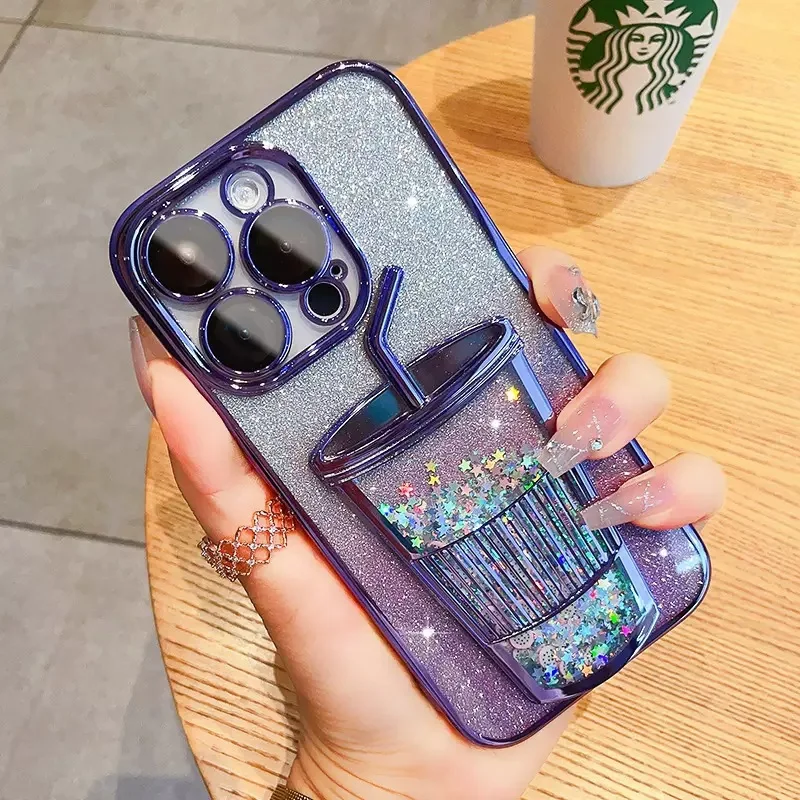 Suitable for Iphone15promax Gradient Glitter Powder Quicksand Cup Phone Case Apple 13 Lens Protector Drop-Resistant Soft Case