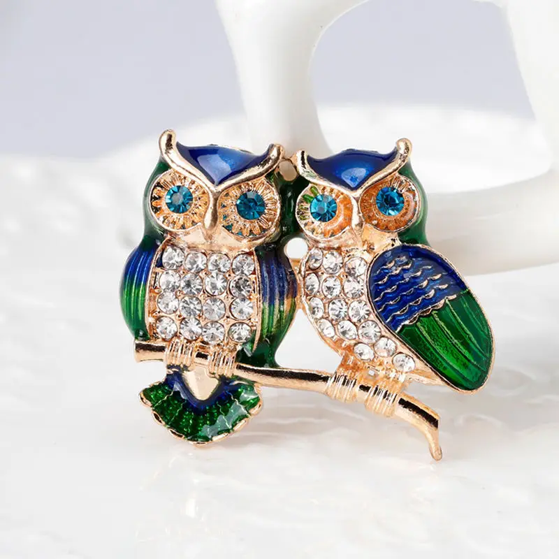 Shiny Zircon Blue Eyes Birds Pins Crystal Enamel Couple Owl Animal Brooches for Women Men Clothes Scarf Buckle Collar Jewelry