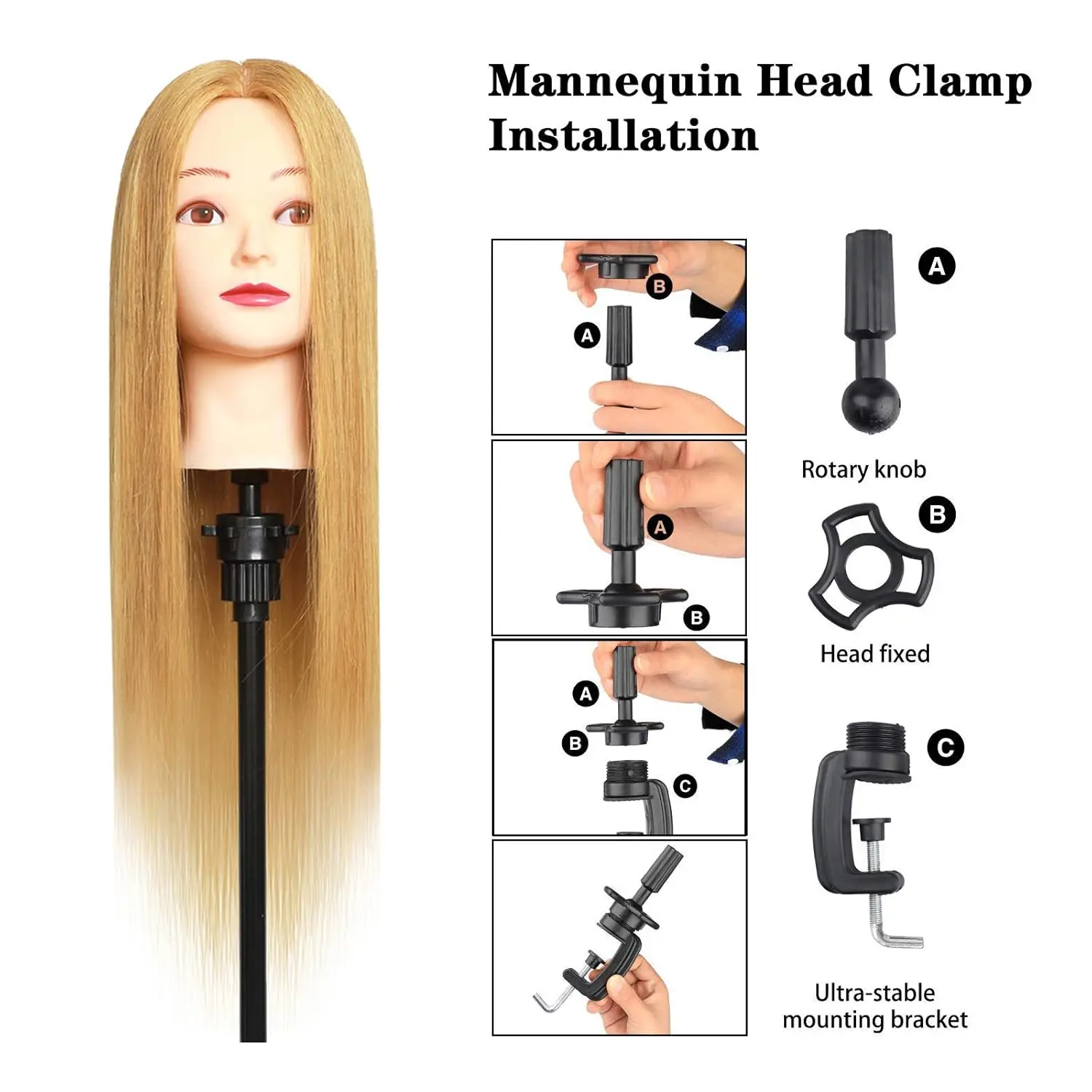 Professional Cosmetology Mannequin Head with Real Human Hair, Adjustable Clamp & Braid Set for Styling Practice