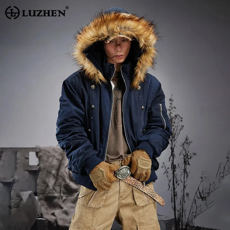 LUZHEN 2026 Winter Fashion Button Decorate Faux Fur Hooded Padded Coat Men's Handsome High Quality Thermal Parka Jacket JY9502