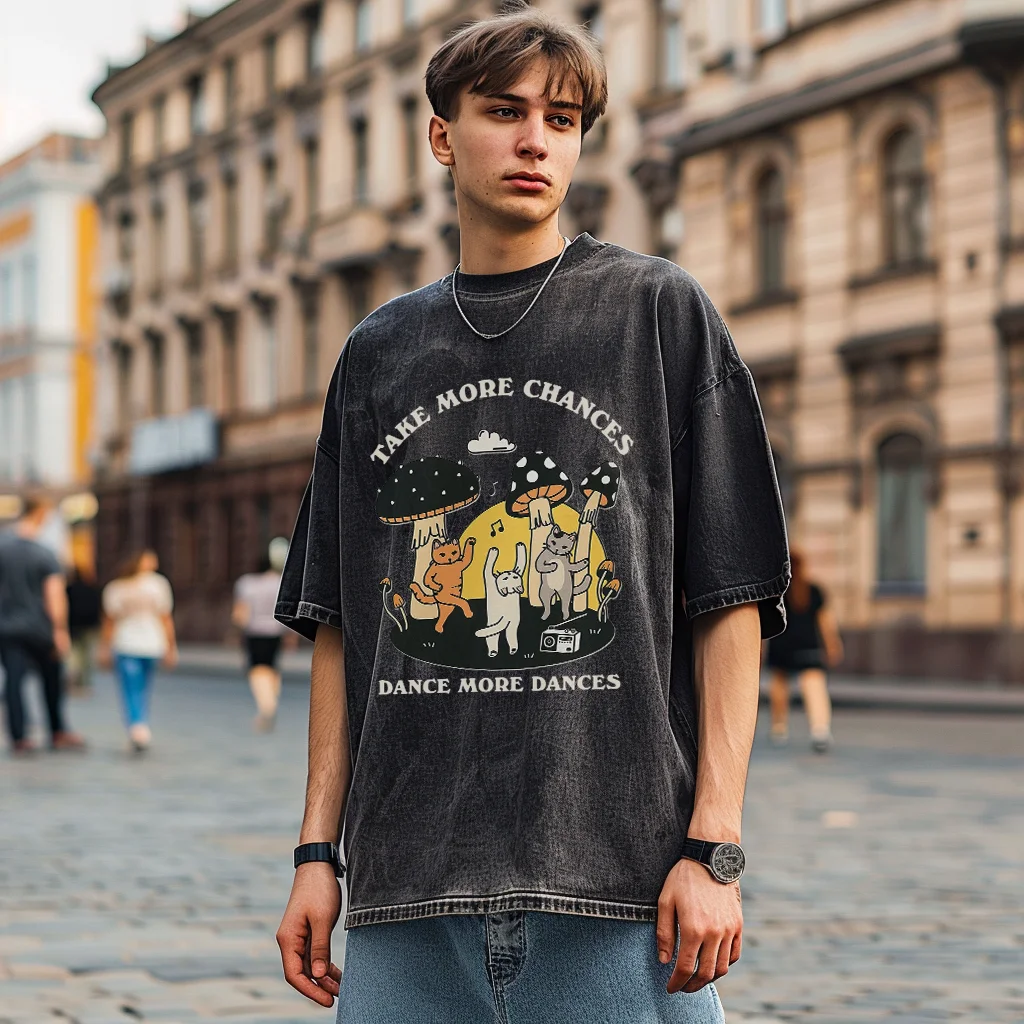 Y2K Washed T Shirt For Men, Hip Hop Take More Chances Graphic Print Oversized Tshirt Unisex ,Harajuku Short Sleeved Streetwear