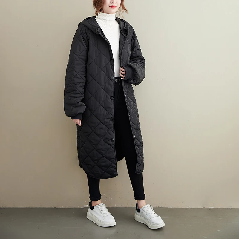 Koreanische SLE-Kapuzen-Daunen-Baumwolle, Jaet-Damen-Oberbekleidung, lang über dem Knie, künstlerisch, für den Pendelverkehr, reines Farb-Polyester