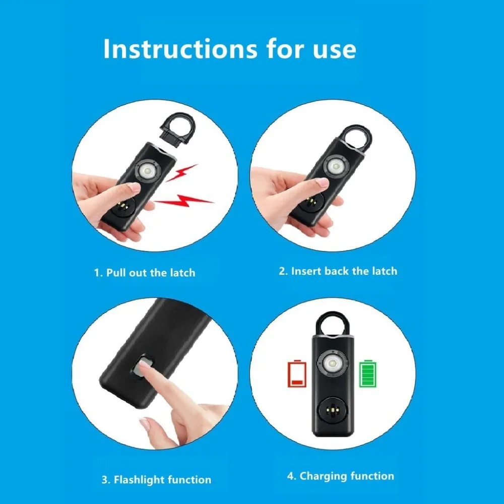 130 High DB Safe Sound Personal Alarm LED Strobe Light Low Battery Notice Portable Alarm Keychain Portable with Hanging Hook