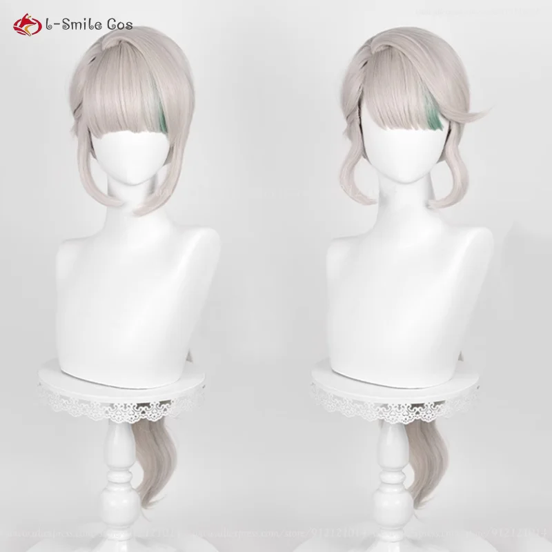 Game  Cosplay Fontaine Lynette Cosplay Wig 82cm Gray Gold Highlights Green Heat Resistant Synthetic Wigs + Wig Cap