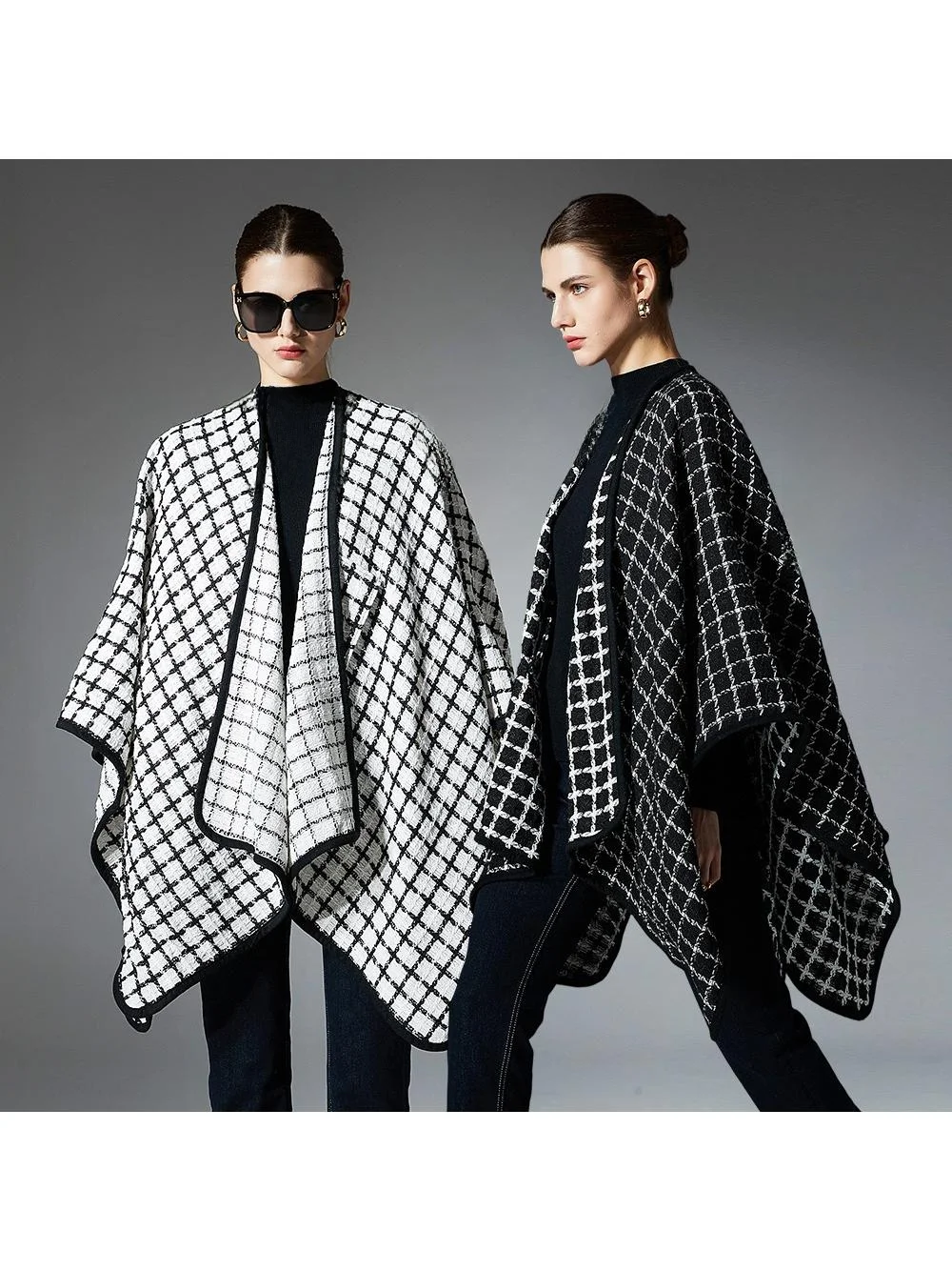 2025年秋冬新作-ブラックホワイト-ボタン付き-チェック柄-クロスショルダー-ショール-暖かいポリエステル繊維-レディース-スカーフ-ファッションアクセサリー