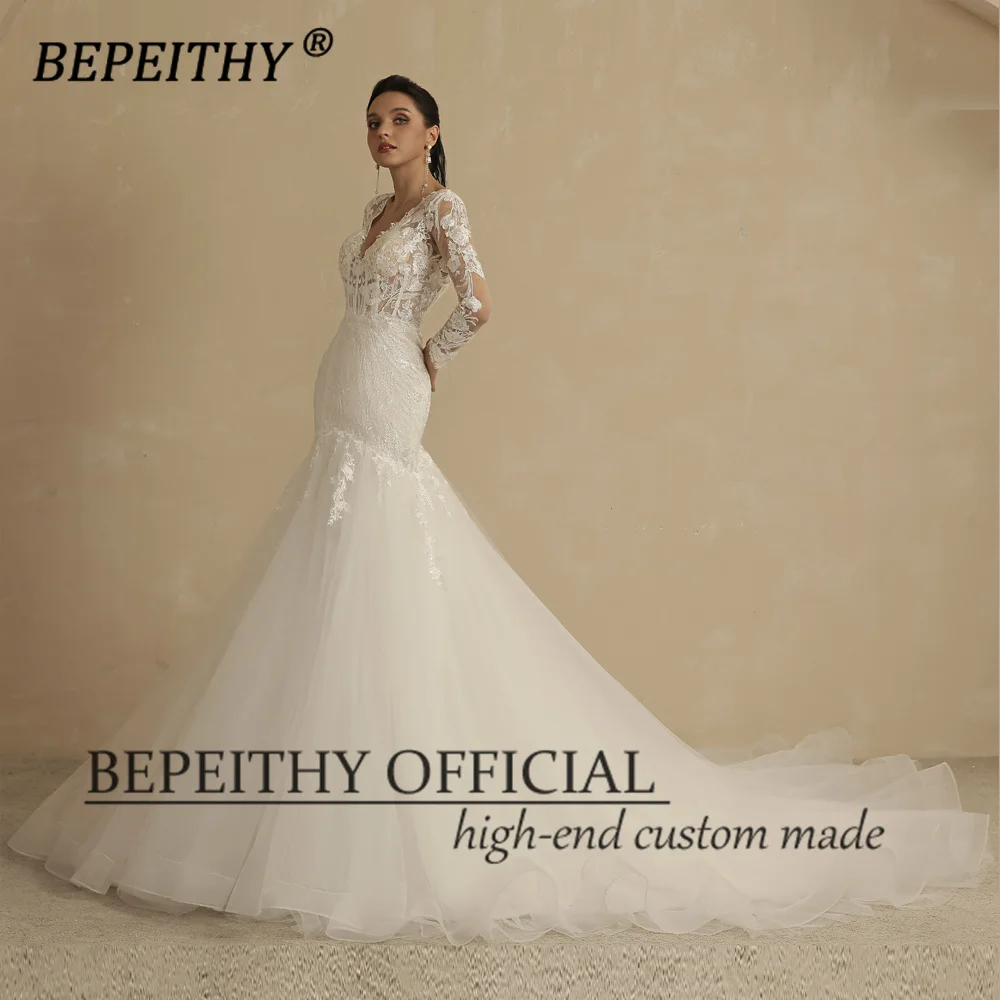 BEPEITHY Customized Vintage V Neck Trumpet Wedding Dresses For Women 2022 Full Sleeves Court Train Lace Boho Bride Bridal Gown