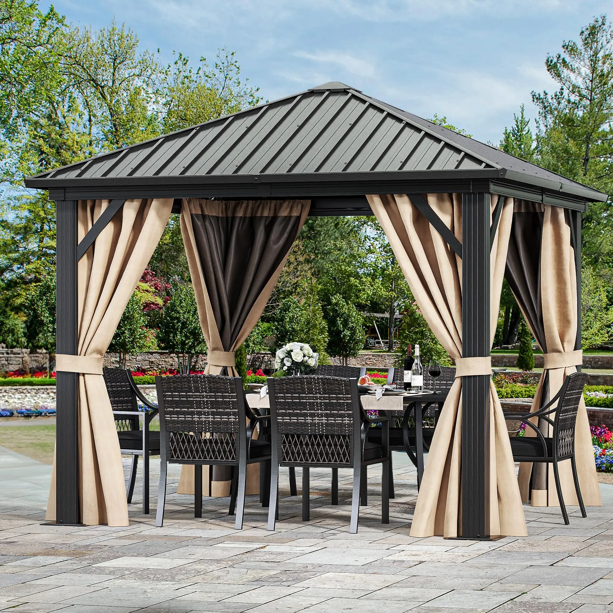 Outdoor Waterproof Steel Frame Garden Gazebo Tent Aluminum Roof Canopy Metal Pavilion Pergola Hardtop Gazebo For Parks Gardens