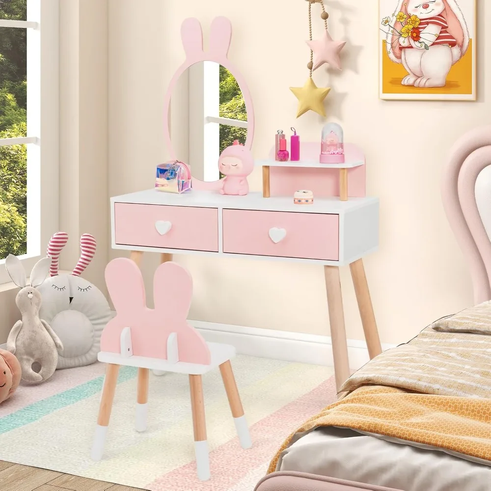 

Kids Vanity Set 2 in 1 Wooden Princess Makeup Table and Chair with Mirror Storage Drawers Shelf for Christmas Gift