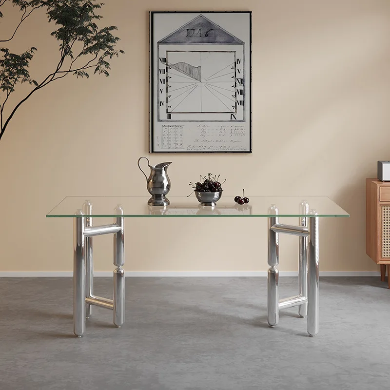 

Medieval stainless steel metal round tube rectangular glass table minimalist computer desk simple office writing table