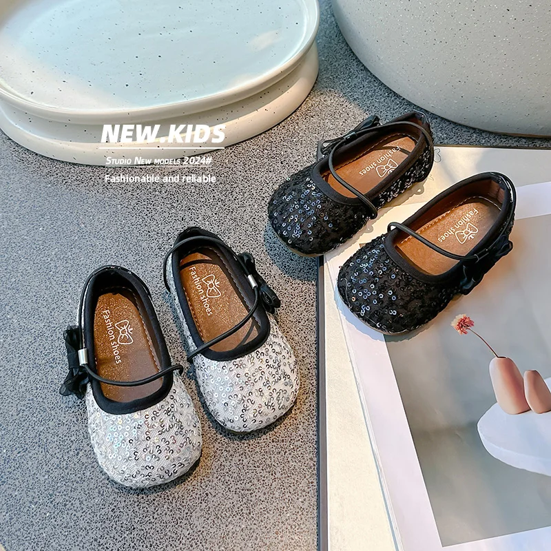 Silver Sequins Mesh Ballet Flats Kids Girls Bling Elasic Band Ballerina Shoes Baby Child Lace Bowknot Wedding Princess