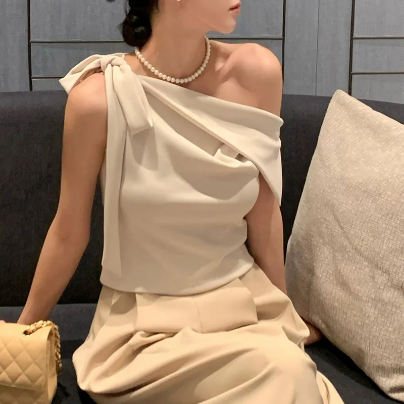 Women's Off-Shoulder Blouse with Bow Detail Elegant Draped Silky Top Pearl Accent Luxury Look Special