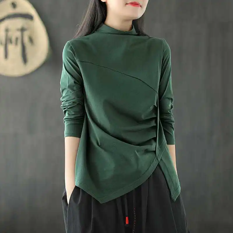 Autumn Winter Irregular Pleated Long Sleeved New Women's Clothing Design with a Solid Color Semi High Neck Simplicity Chic Tops