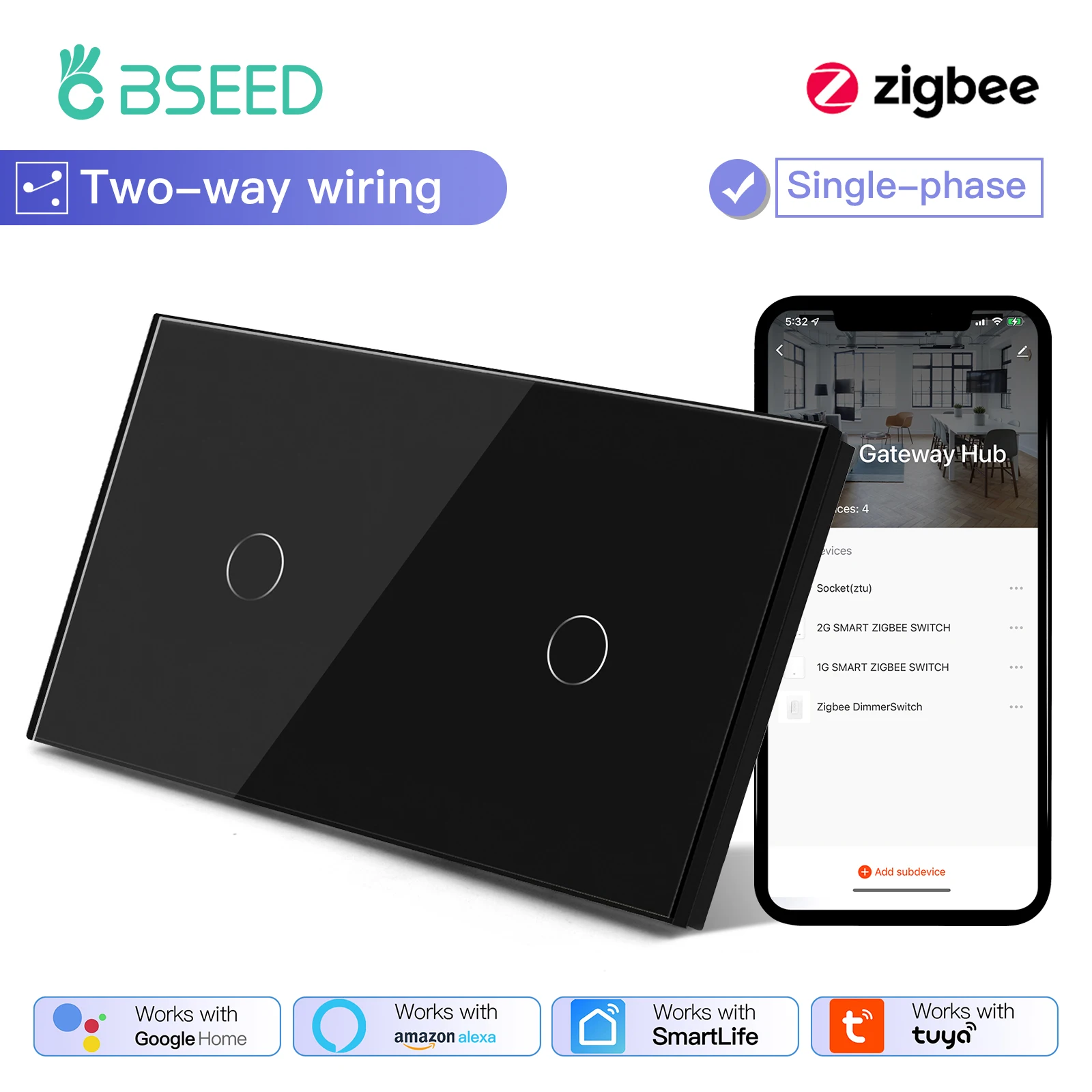 BSEED Smart Zigbee Touch Lichtschakelaar 1/2/3Gang Muur Touch Schakelaar 2Way Draad Compatibel met Smart Leven Alexa Google Thuis