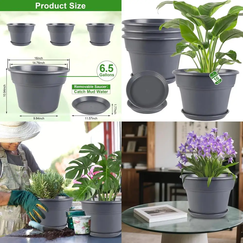 

Набор из 4 больших пластиковых горшков для растений (16 дюймов) с дренажем для использования в помещении и на улице