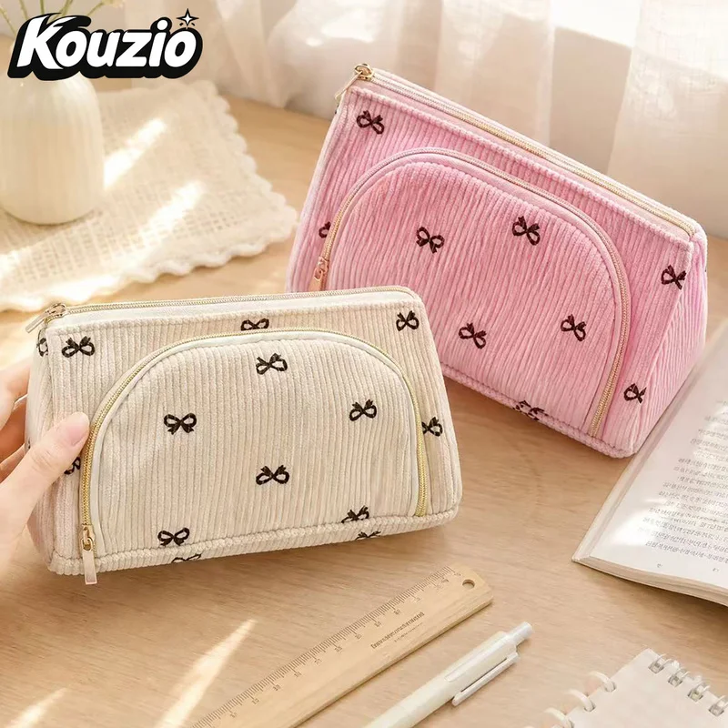 Kouzio Bow Print Corduroy Double Zipper Makeup Bag with Front Pocket