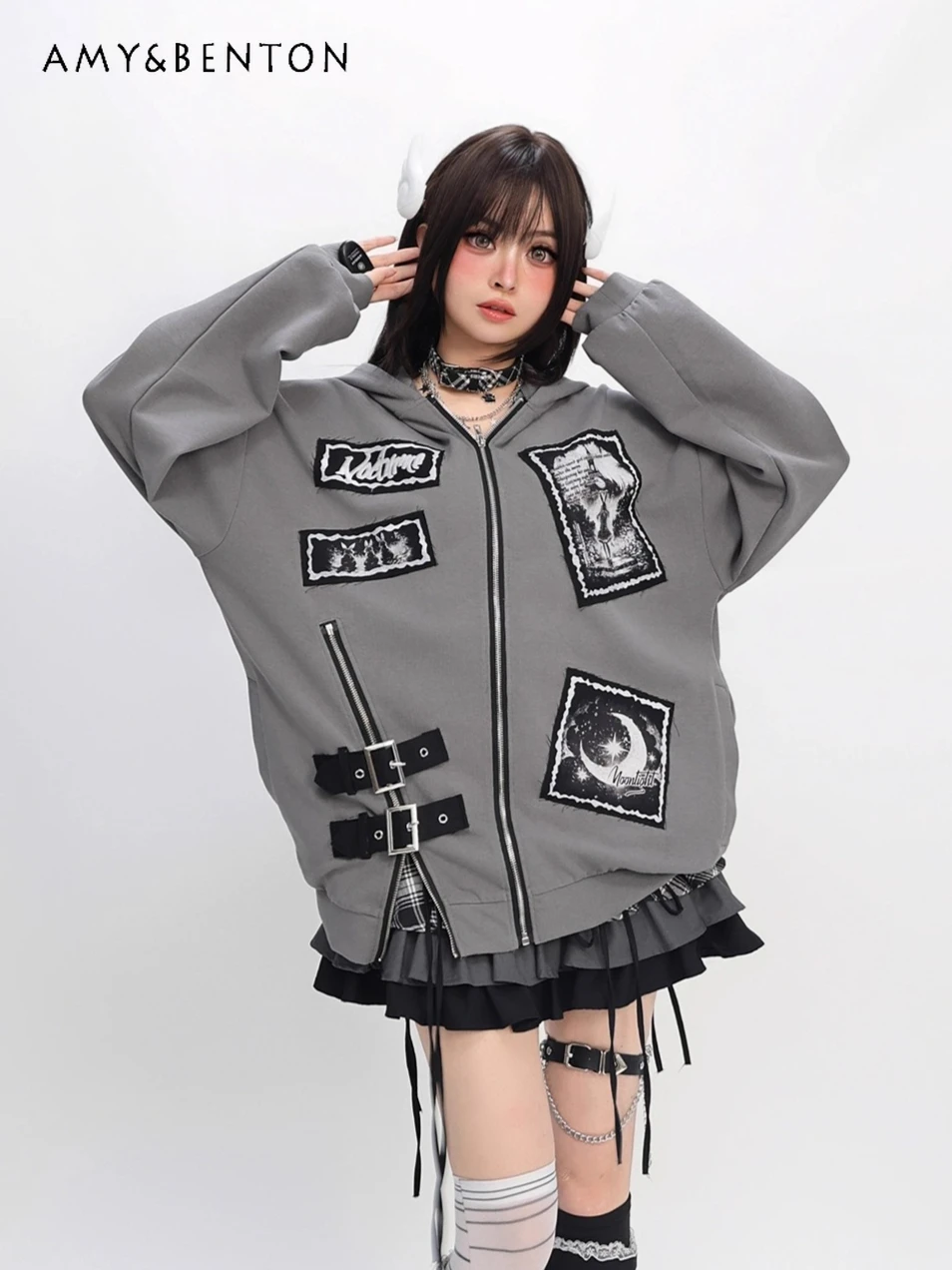 

Japanese Subculture Gothic Anime Print Heavy Industry Patchwork Zip Up Hoodie Sweet Cool Hot Girl Oversized Casual Hoodies Women