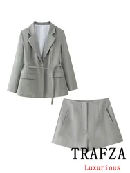 TRAFZA Casual Office Lady Suit Women Solid Sashes Hidden Breasted Blazer Wide Pockets Shorts New Fashion 2024 Spring Summer Sets