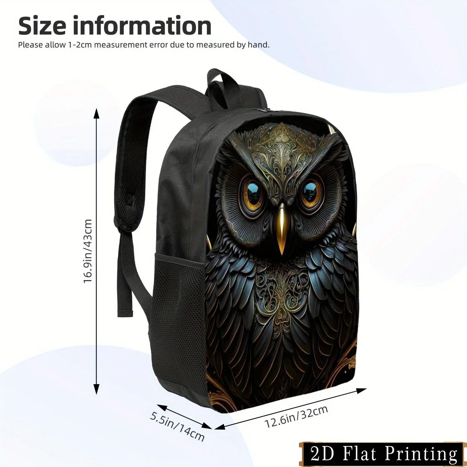 Custom Stylish Casual Owl Print Backpack Lightweight Large Capacity Unisex Daypack With Adjustable Straps & Side Pockets