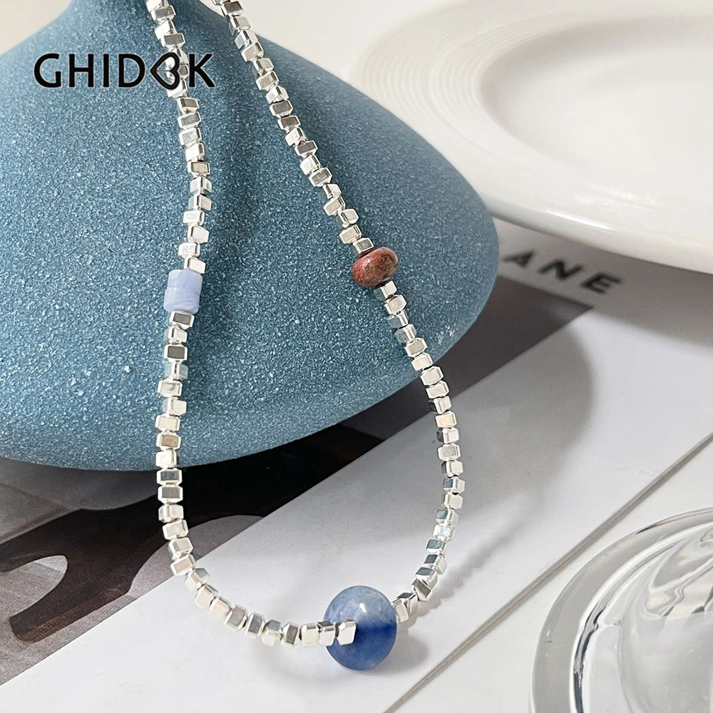 Ghidbk Delicate Minimalist Tribe Silver Color Faceted Beads Blue Gem Stone Necklace Collar for Women Unusual Jewellery Gifts