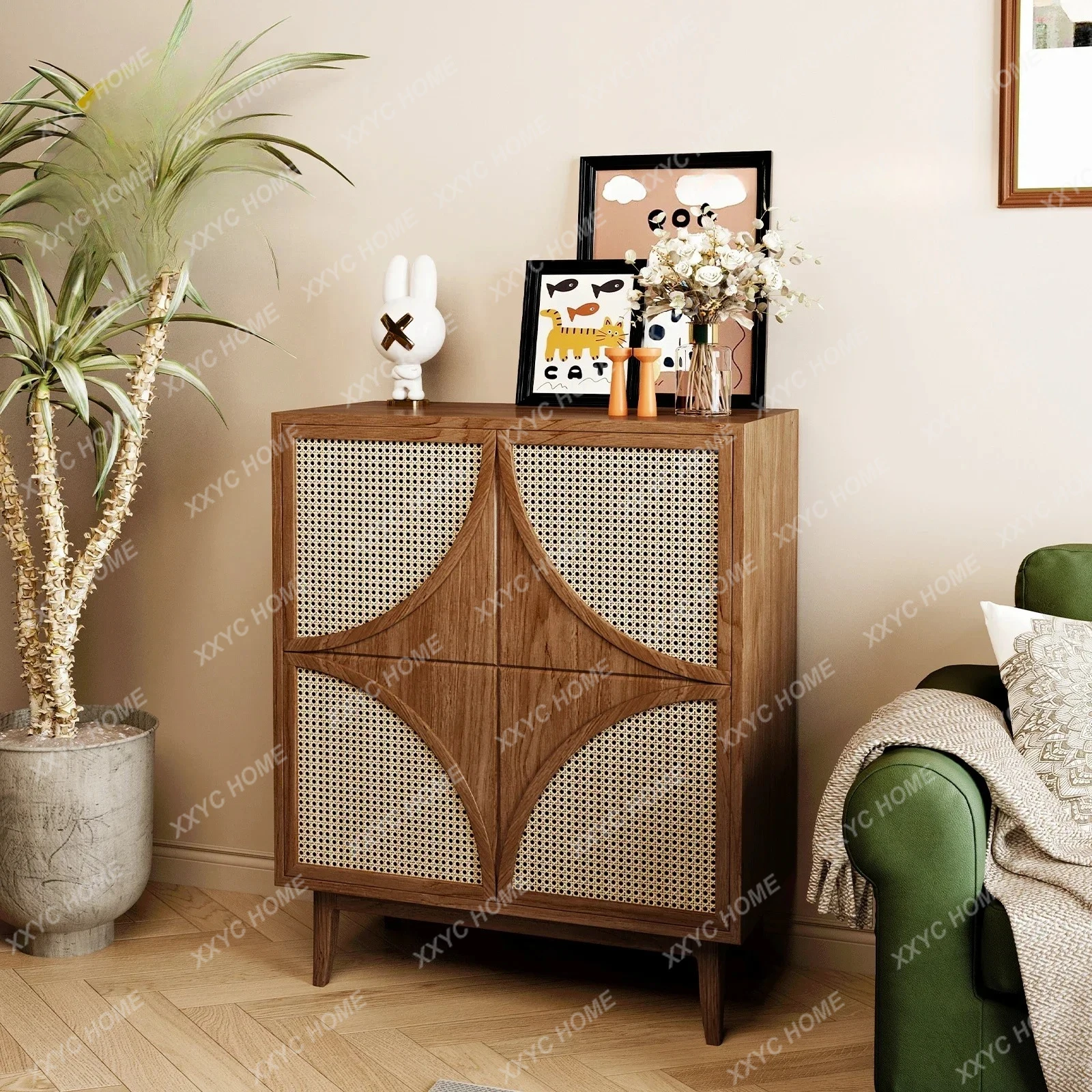 

Medieval Style Solid Wood Dining Side Cabinet Household Living Room Integrated Rattan Storage Cabinet