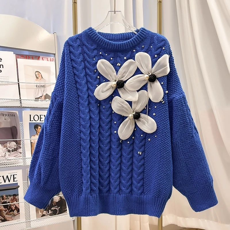 Design Sense Three-dimensional Flower Women Sweater Top Autumn Winter New Loose Versatile Chic Female Pullover Jumper